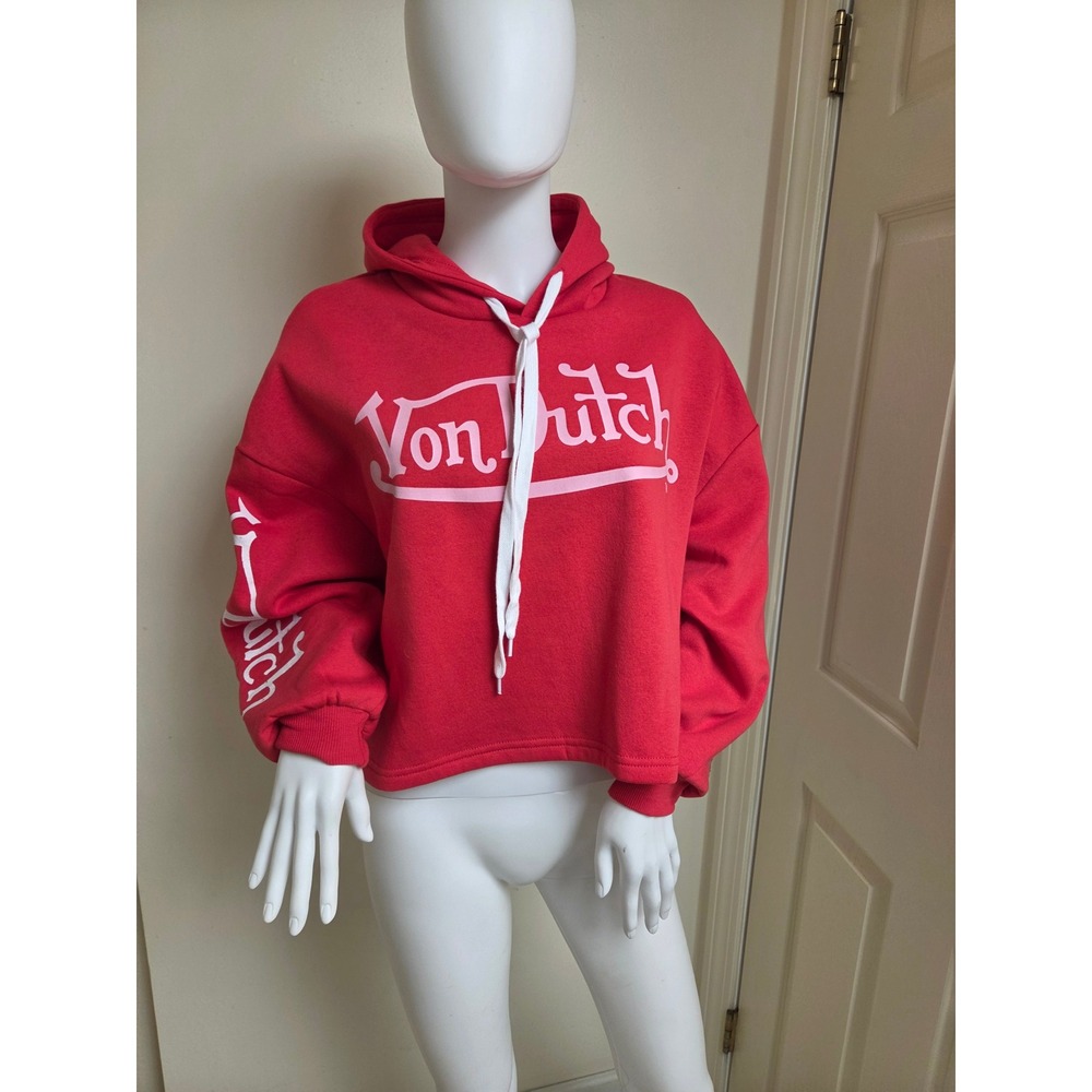 Von Dutch Red Cropped Hoodie Rhinestone Flame Logo Sweatshirt Womens Small NEW